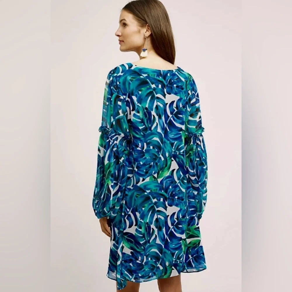 Blue Green Leaf-Print Long-Sleeve Shift Dress